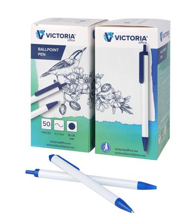 Golyóstoll, 0,7 mm, nyomógombos, kék-fehér tolltest, VICTORIA OFFICE, kék